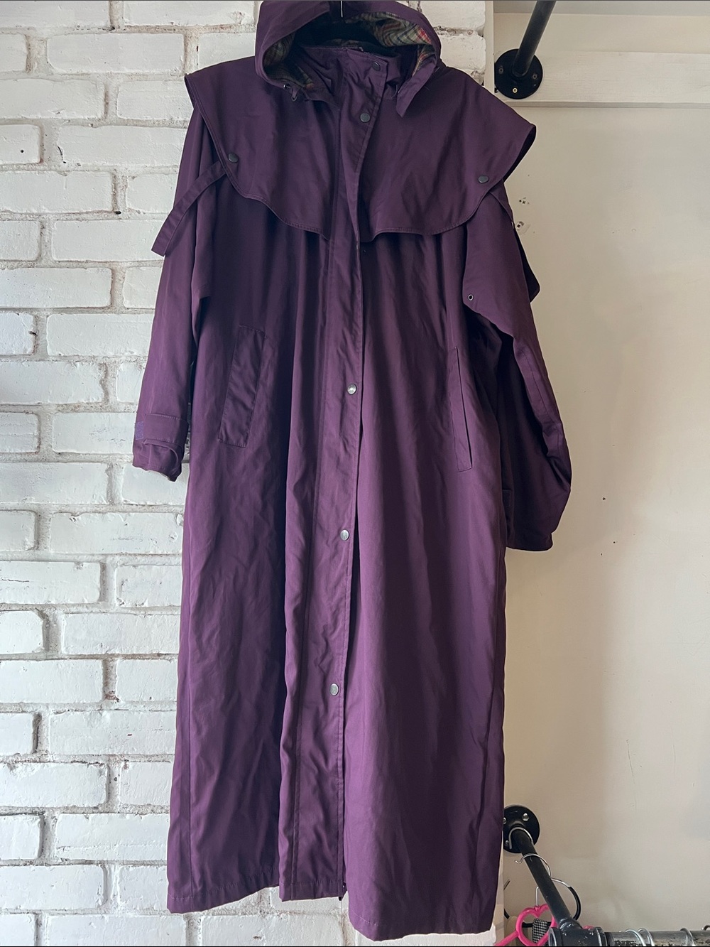 Long Hooded Raincoat in Deep Plum long hooded purple coat with inner lining